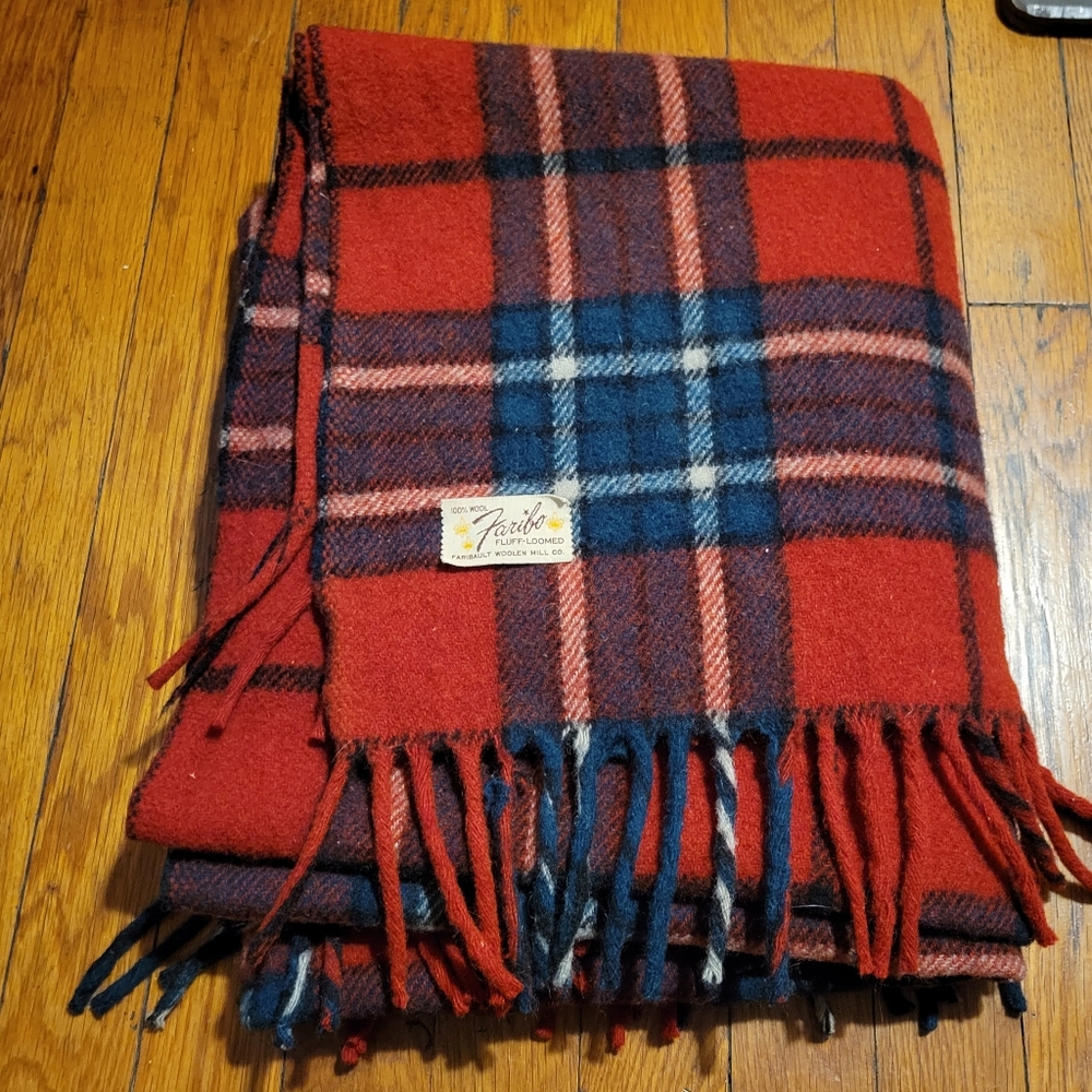 Vintage Faribo 100% Wool Red Plaid Throw Blanket